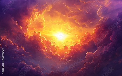 A bright, glowing sun shines through a dramatic, colorful sky with dramatic clouds.