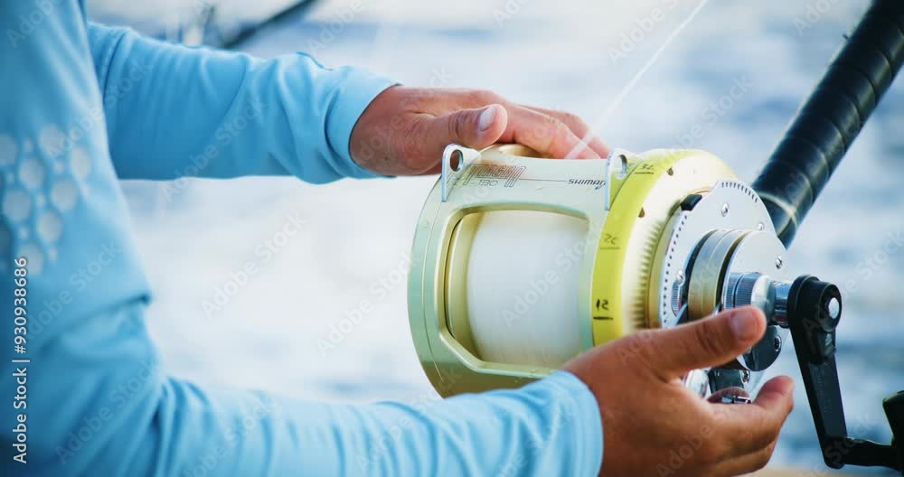 Rear view of fishing reel on boat casting line