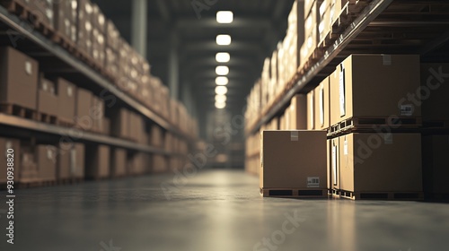 A long aisle in a warehouse with cardboard boxes stacked on pallets, lit by overhead lights.