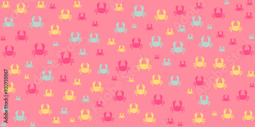 A seamless vector pattern featuring cute cartoon crabs in pastel colors. Perfect for summer designs, beach themes, and kids' products.
