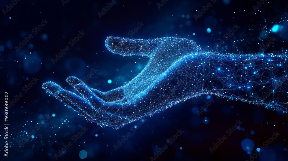Touch the future low poly wireframe. Futuristic concept. With dark blue background. Low poly wireframe with lines, dots and glowing particles Touch the future low poly wireframe. Futuristic concept. With dark blue background. Low poly wireframe with lines, dots and glowing particles