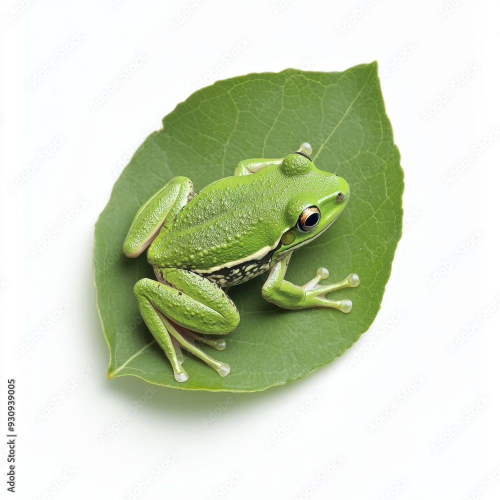 Naklejka premium Agile Frog Ready to Leap - Detailed Amphibian Texture on Leaf, Isolated on White Background
