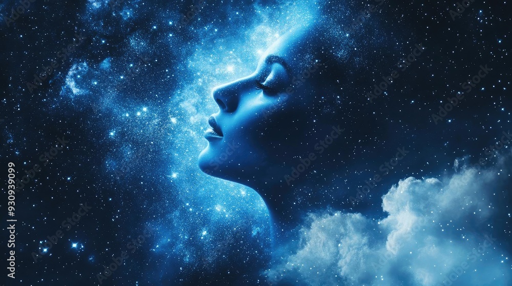 A serene woman's face emerges from a cosmic background, radiating tranquility amidst the deep blue of the night sky. A serene woman's face emerges from a cosmic background, radiating tranquility amidst the deep blue of the night sky.