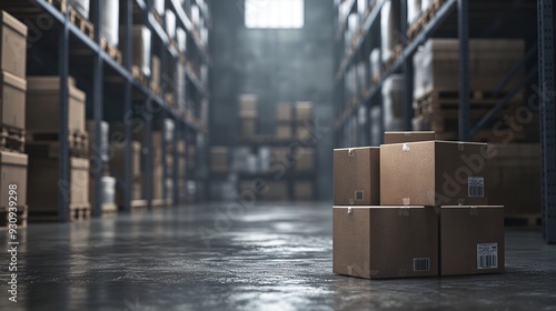 A large warehouse with many shelves and boxes stacked high.