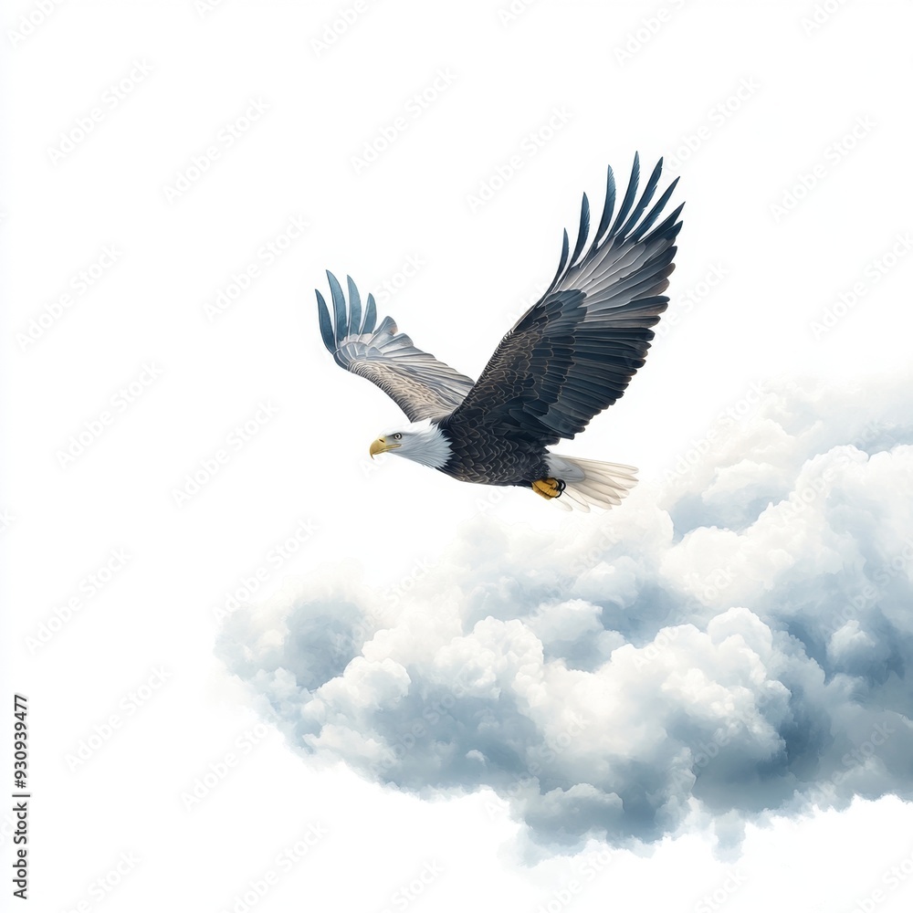Obraz premium Majestic Eagle Soaring through Dynamic Clouds in Hyper-Realistic Motion Isolated on White Background