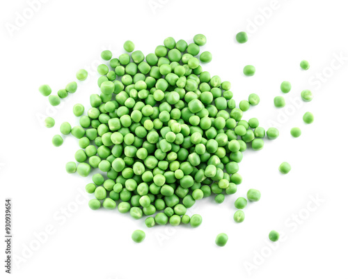 Pile of fresh green peas isolated on white, top view