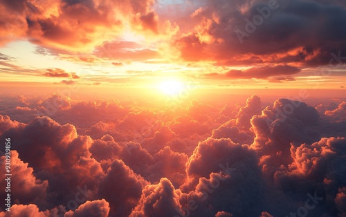A breathtaking aerial view of a vibrant sunset over a vast expanse of fluffy clouds, with the golden sun peeking through the clouds, casting a warm glow on the sky.