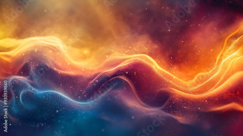 Abstract background with flowing blue and orange lights with a dark background and particles.