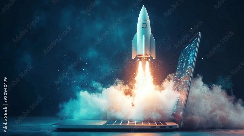 Fototapeta premium Laptop Rocket Launch: A Digital Takeoff