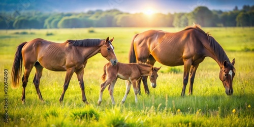 Horse and foals grazing in sunlit field , horse, foals, field, graze, morning, sun, warm, glow, nature, animals, wildlife