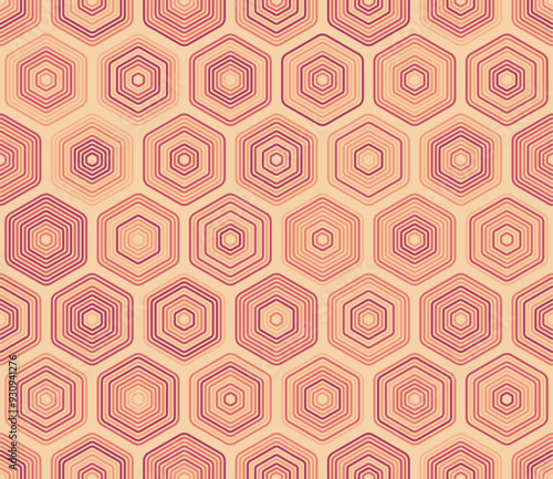 Seamless geometric pattern. Rounded stacked hexagons mosaic pattern. Large honeycomb cells. Multiple tones color palette. Seamless pattern. Tileable vector illustration.