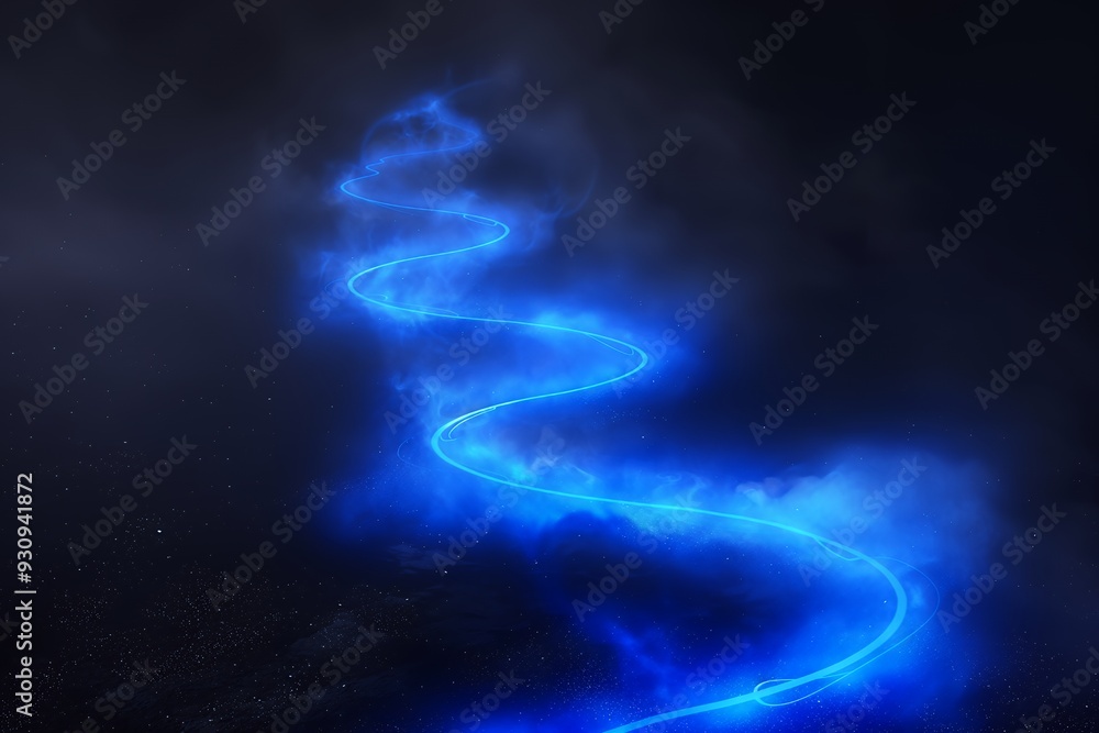 Abstract blue light trail on a dark background with a hint of fog. Abstract blue light trail on a dark background with a hint of fog.
