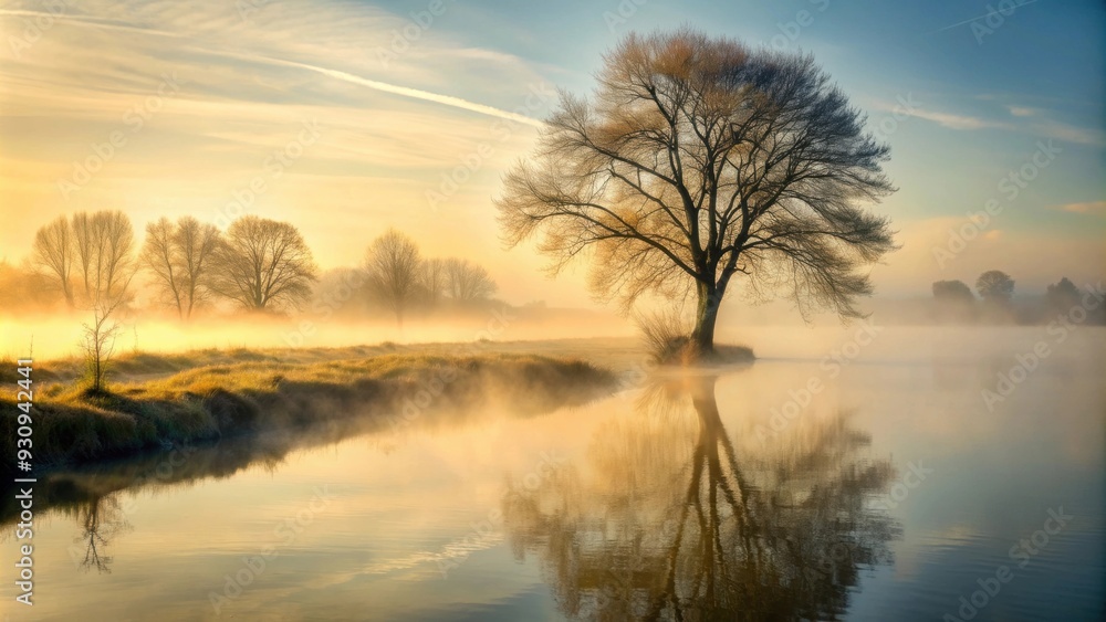Outline of tree against foggy riverbank in early morning , fog, tree, silhouette, river, bank, nature, mist, foggy Outline of tree against foggy riverbank in early morning , fog, tree, silhouette, river, bank, nature, mist, foggy