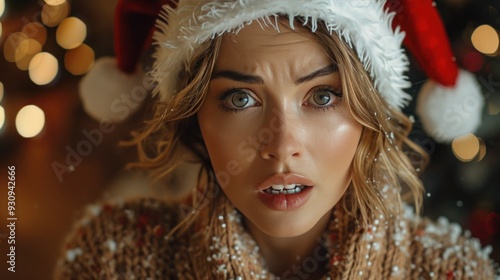 Stressed Santa Hat Woman Running Out of Time for Christmas