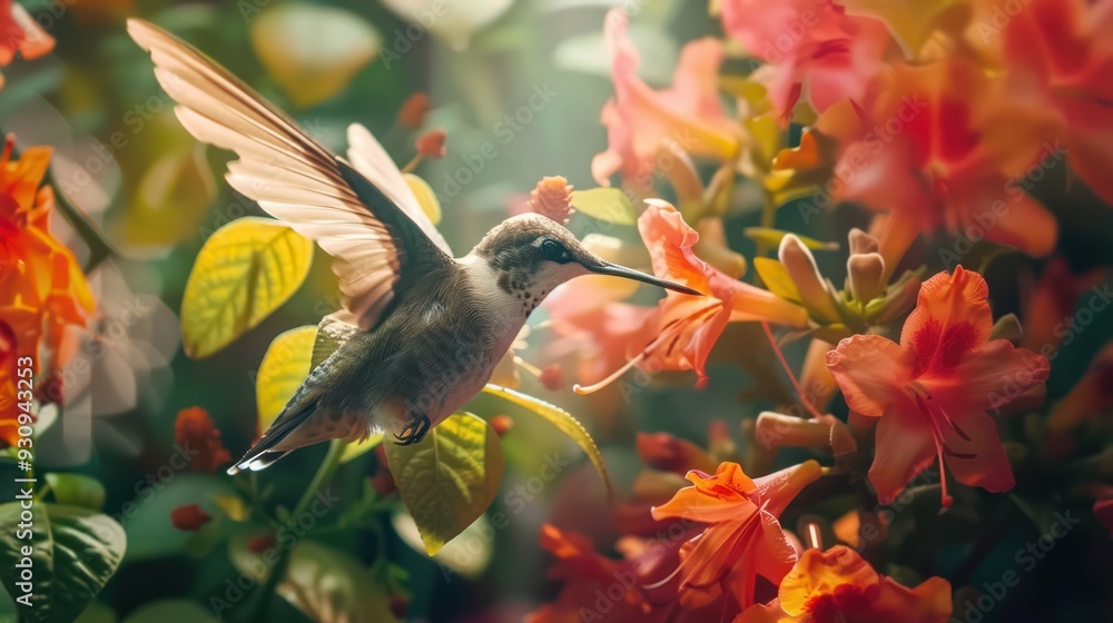 Fototapeta premium Hummingbird in Flight with Orange Flowers