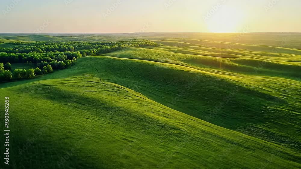Sweeping aerial shot over rolling green hills at sunrise with golden light and rippling grass, serene and peaceful scene Sweeping aerial shot over rolling green hills at sunrise with golden light and rippling grass, serene and peaceful scene
