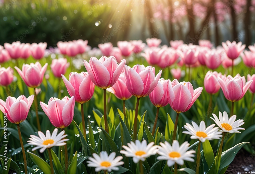 Obraz premium a serene spring morning with dew-covered pink tulips and white daisies basking in the soft sunlight, complete with a bokeh effect of glistening light spots in the background