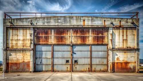 Old abandoned concrete rocket hangar with peeling paint and rusted metal doors, abandoned, concrete, rocket photo