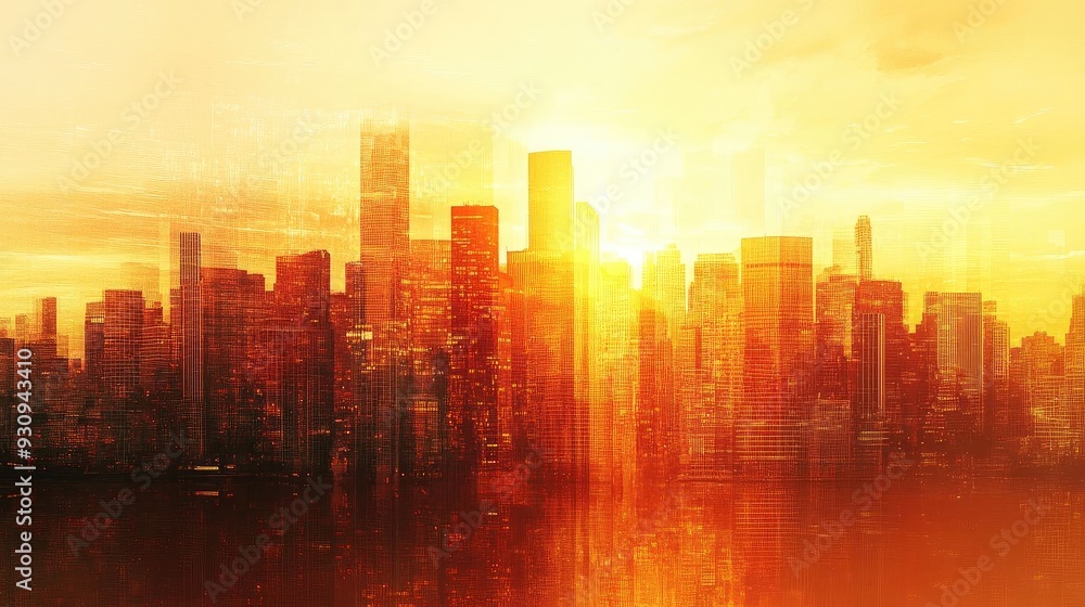 Fototapeta premium A stunning city skyline at sunset, showcasing vibrant colors and light reflections against modern architecture.