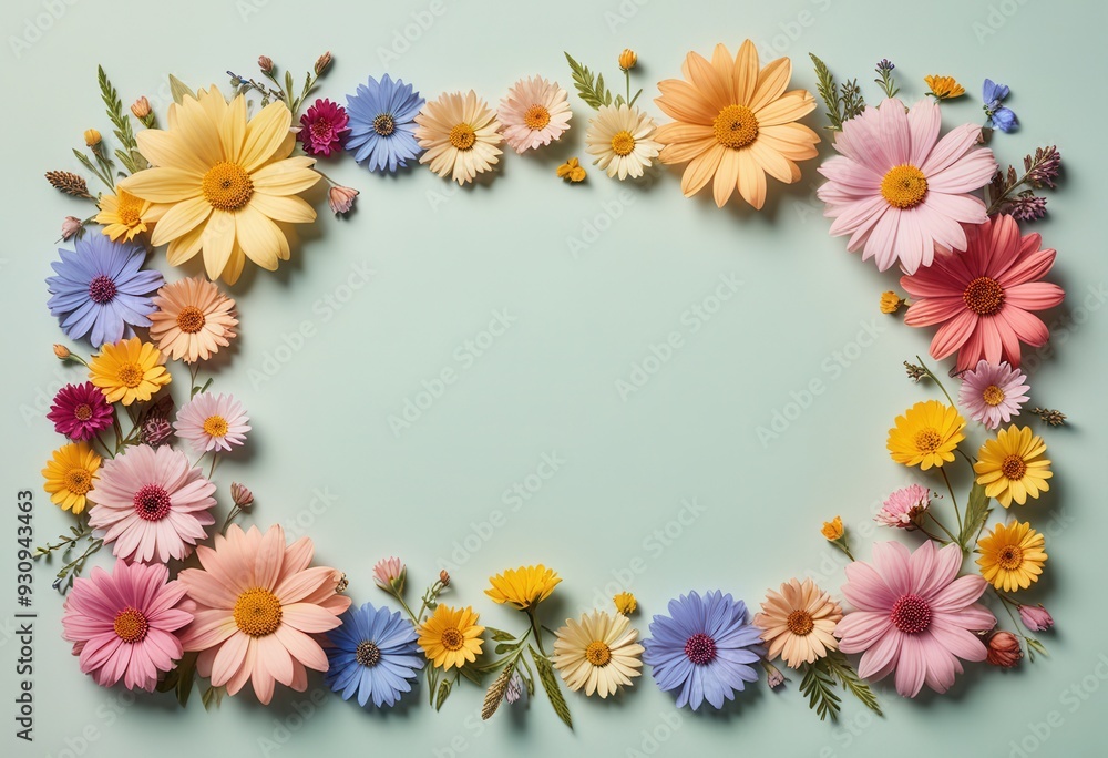 a soft pastel background and colorful pressed flowers arranged asymmetrically along the edges, leaving space in the center a soft pastel background and colorful pressed flowers arranged asymmetrically along the edges, leaving space in the center
