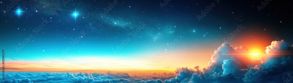 Naklejka premium Enchanting Night Sky with Twinkling Stars and Playful Clouds for Copy Space.