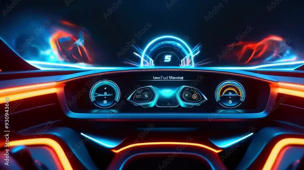 Futuristic car dashboard with digital display showing the speed and fuel level. Futuristic car dashboard with digital display showing the speed and fuel level.