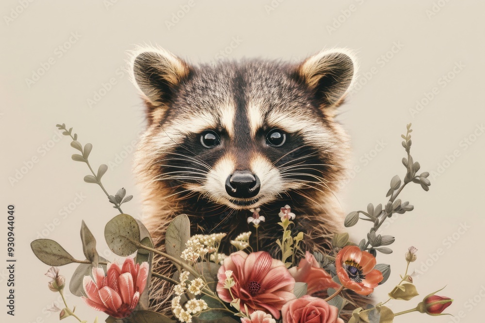 Obraz premium Raccoon with a bouquet of flowers