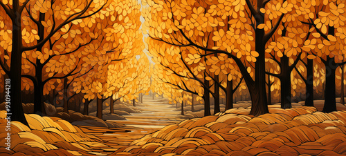 Golden forest, golden leaves, yellow trees, a path leading into the distance in autumn, stained glass-style, simple lines, flat illustration, high resolution, high detail, high quality.