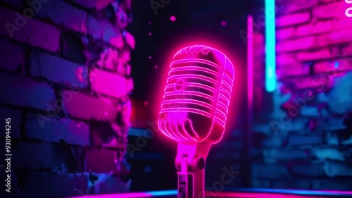 A neon pink microphone in front of a brick wall, lit by colorful lights.