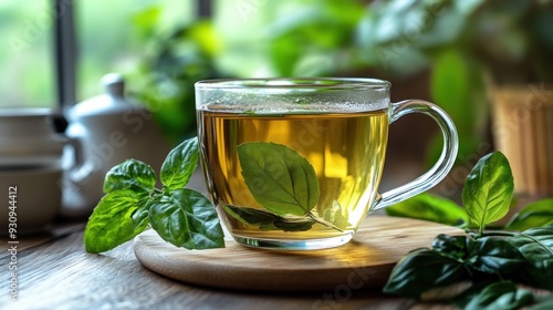 A Cup of Green Tea on a Wooden Table