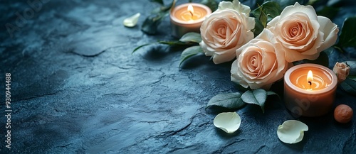 Funeral decoration with white rose, candles and frame on a dark background.