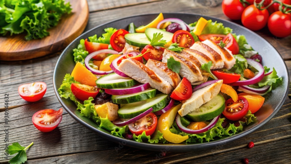 A fresh and colorful chicken and vegetable salad , healthy, meal, lunch, food, cuisine, diet, greens, tomatoes A fresh and colorful chicken and vegetable salad , healthy, meal, lunch, food, cuisine, diet, greens, tomatoes