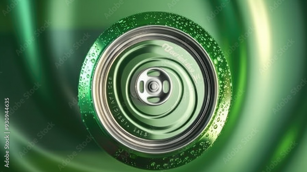 A vibrant green soda can with droplets, showcasing a sleek design on a blurred green background that adds depth. A vibrant green soda can with droplets, showcasing a sleek design on a blurred green background that adds depth.