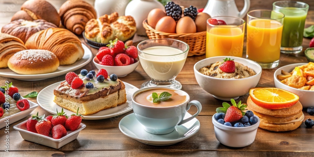 Breakfast scene with various desserts and eggs on a table, breakfast, table setting, morning meal, egg dishes, pastries Breakfast scene with various desserts and eggs on a table, breakfast, table setting, morning meal, egg dishes, pastries