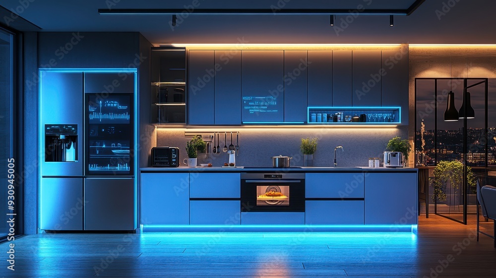 Smart kitchen appliances with interactive touchscreens and voice controls, preparing meals based on dietary preferences, symbolizing FoodTech digitalization, detailed kitchen setting Smart kitchen appliances with interactive touchscreens and voice controls, preparing meals based on dietary preferences, symbolizing FoodTech digitalization, detailed kitchen setting