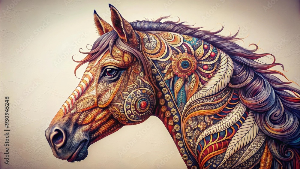 Profile of horse face with intricate patterns and doodles, horse, face ...