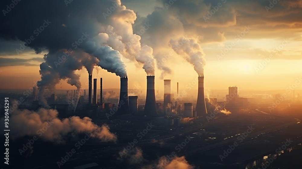 Obraz premium Industrial factory smokestacks release thick plumes of smoke into the sky during a dramatic golden sunset, representing air pollution and environmental impact.