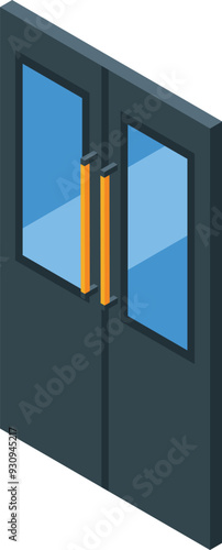 Double swing glass door with metal handles is isolated on white background