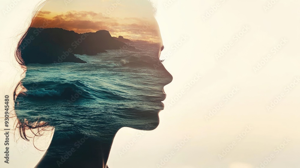 A serene silhouette of a woman blended with ocean waves, symbolizing harmony between nature and inner peace. A serene silhouette of a woman blended with ocean waves, symbolizing harmony between nature and inner peace.
