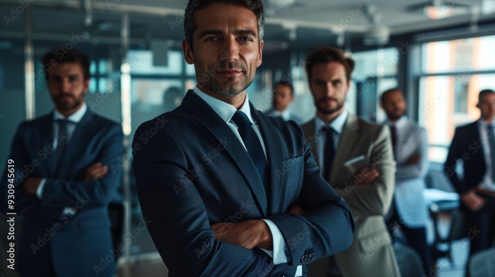 An authoritative business leader stands with team in sleek office setting, ready to drive company forward, essence of experienced, emphasizing readiness for modern business challenges. An authoritative business leader stands with team in sleek office setting, ready to drive company forward, essence of experienced, emphasizing readiness for modern business challenges.