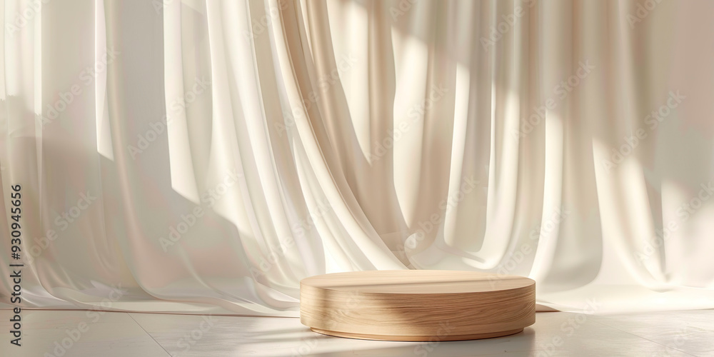 A wooden pedestal sits in front of a curtain, casting a shadow on the floor. The scene is simple and elegant, with the wooden pedestal serving as a focal point. The curtain adds a touch of softness A wooden pedestal sits in front of a curtain, casting a shadow on the floor. The scene is simple and elegant, with the wooden pedestal serving as a focal point. The curtain adds a touch of softness