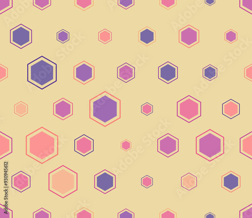 Hexagon background design. Multicolored geometric elements of varied size. Hexagon mosaic cells with padding and inner solid cells. Large honeycomb cells. Tileable pattern.