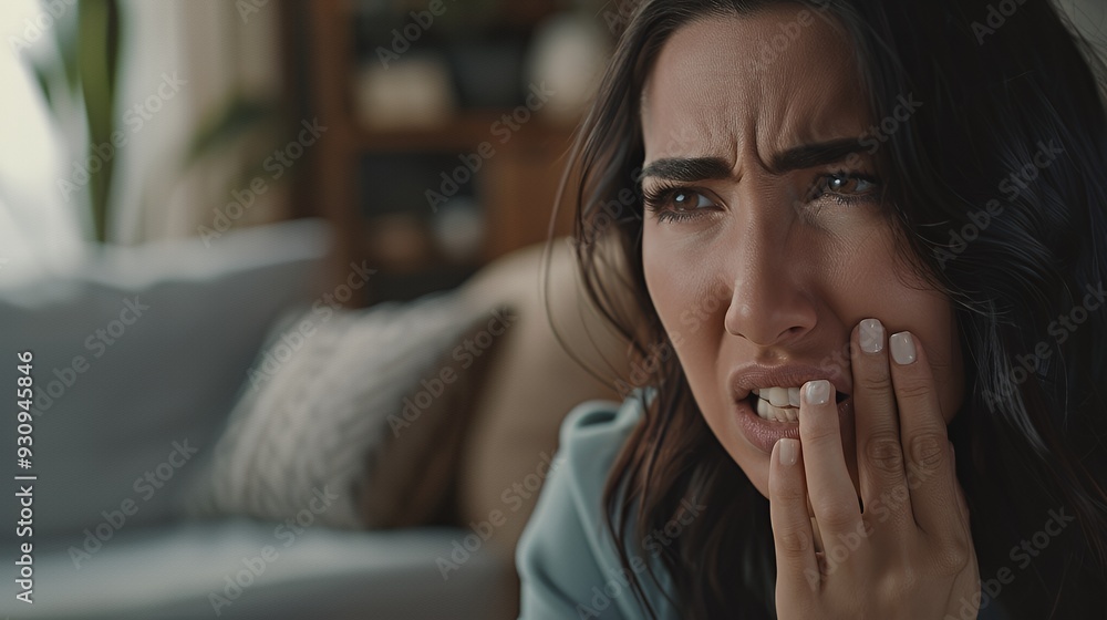 A young woman suffering from a toothache, holding her cheek in pain, looking distressed. A young woman suffering from a toothache, holding her cheek in pain, looking distressed.
