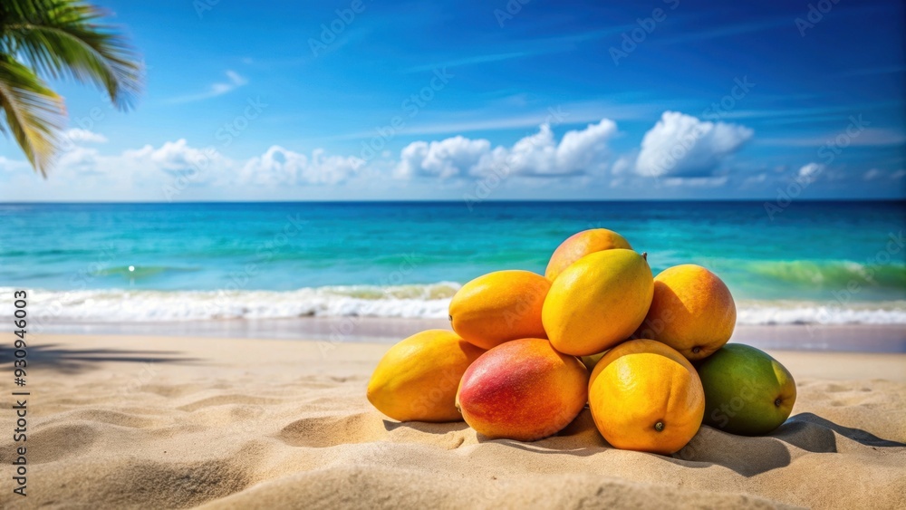 Mangoes placed on sandy beach with ocean in background, tropical, fruit, beach, sand, ocean, vacation, relaxation, exotic, juicy Mangoes placed on sandy beach with ocean in background, tropical, fruit, beach, sand, ocean, vacation, relaxation, exotic, juicy