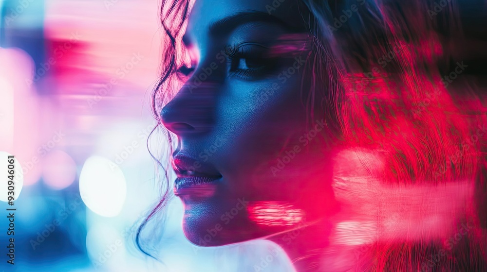 A captivating side profile portrait illuminated by vibrant neon lights, showcasing a blend of colors and reflections. A captivating side profile portrait illuminated by vibrant neon lights, showcasing a blend of colors and reflections.