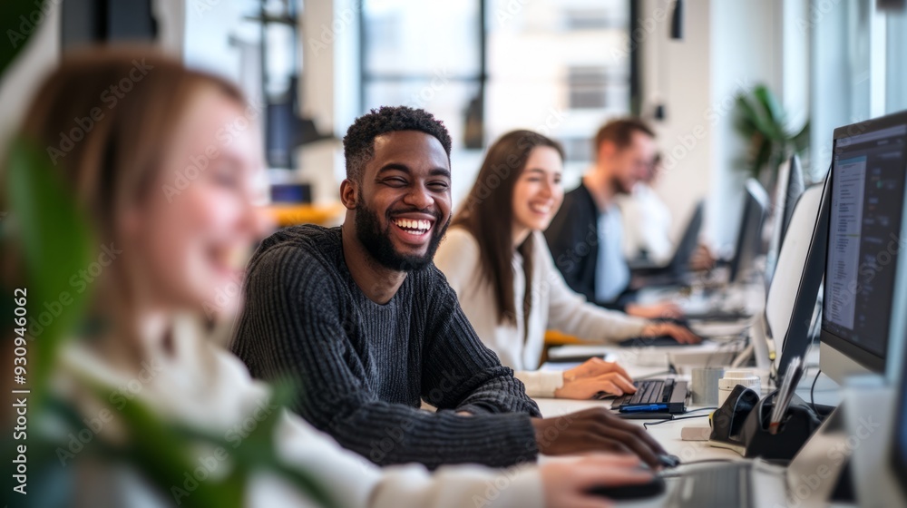 A group of energetic young colleagues are working together. They sat in front of their computers, smiling broadly and exhibiting a team-building atmosphere. A group of energetic young colleagues are working together. They sat in front of their computers, smiling broadly and exhibiting a team-building atmosphere.
