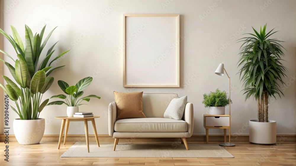 Home decor concept with chair, beige sofa, blank framed poster mockup, plants Home decor concept with chair, beige sofa, blank framed poster mockup, plants