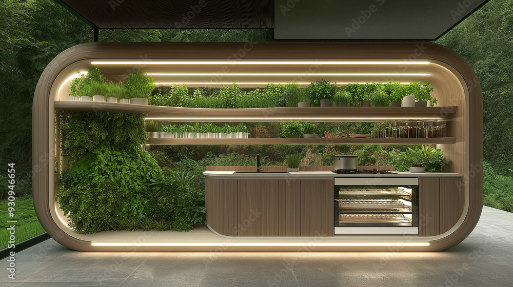 Obraz premium a futuristic kitchen dream design apartment set in the near future, stylistic furniture, dark wooden elements, electronic devices, home plant.