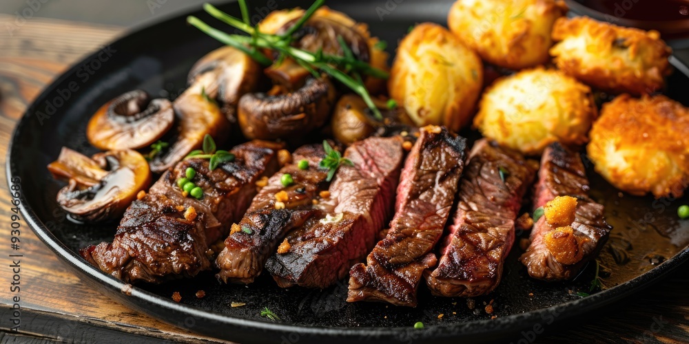 Sliced steak with croquettes and mushrooms Sliced steak with croquettes and mushrooms