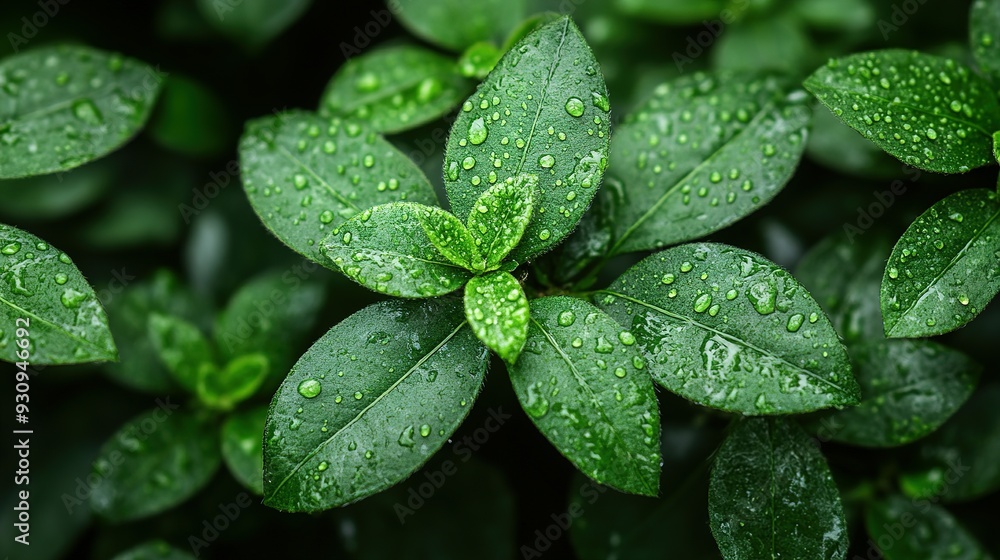 Dew-Covered Green Leaves in Close-Up View Dew-Covered Green Leaves in Close-Up View